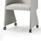 Chair base light gray fabric trapezoidal flared shape, dark gray dual wheel system, minimalist modern design, matte finish, studio lighting.