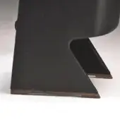 Chair with black leather-like geometric base, walnut wood accents, triangular supports, and a curved sculptural form; ophy wood base detail.