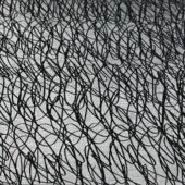 Abstract looping lines in black create a textured composition on a gradient gray background, ranging from light to dark tones.