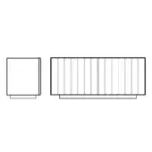 Console table line drawing, white background, vertical slat top, square plinth base, labeled “dorian with plinth base”, minimalist design.