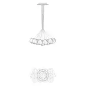 Chandelier technical drawing, rectangular mount, spherical glass orbs, layered circular arrangement, thin wire suspension, blueprint style.