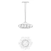 Cluster pendant light, black line drawing, spherical elements suspended from square canopy, radial wire connections, technical illustration.