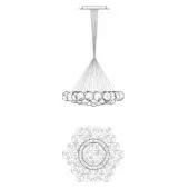 Lighting fixture technical drawing, steel suspension cables, layered spherical glass elements in circular arrangement on white background.