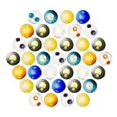 Glass marbles in blue, yellow, orange, white & gray arranged in a triangular formation on a white background, featuring translucent designs.