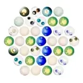 Glass marbles in circular arrangement, translucent white and pale green, with blue, brown, amber swirls, smooth reflective surfaces, studio lighting.