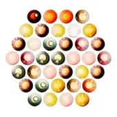 Translucent orbs in red, orange, yellow, green & pink arranged in a symmetrical triangular formation against a white backdrop, featuring circular openings.