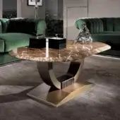 Distinguished DV Home Collection Hermes Plaza coffee table with glossy faux marble top and bronze-toned metal base crafted with U-shaped support