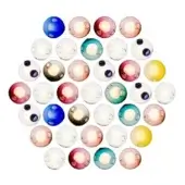 Glass orbs in triangular arrangement, varied colors—blue, red, purple—with gradient & marbled effects, smooth reflective surfaces, white background.
