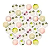 Thirty-seven translucent spheres in a heart shape, featuring colored interiors and smiley faces, against a white backdrop, appear glossy.