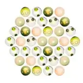 Translucent orbs in pale green, peach, and clear tones arranged organically against white, featuring internal voids and reflective, glossy surfaces.