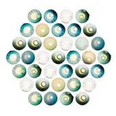 Translucent orbs in circular composition, pale yellows, creams, greens, blues, layered appearance, smooth material, diffused lighting.