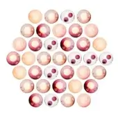 Spherical arrangement, gradient colors of yellow, burgundy, and rose, with eye-like markings, glossy finish, hexagonal pattern, white background.