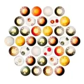 Spherical bubble cluster, varied red, orange, brown, yellow & white tones, arranged in a triangular composition against a white backdrop.