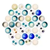 Glass orbs, varied colors, circular arrangement; clear and frosted glass spheres display blue, green, yellow, purple hues with swirling patterns.