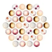 Translucent spheres in yellow, orange, pink, and purple hues arranged in a triangular formation against a white backdrop, featuring glossy surfaces.