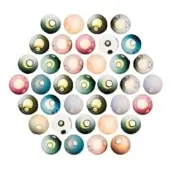 Translucent orbs, marbled teal, peach, beige, gray & olive, arranged in a triangular formation against a white backdrop, with circular apertures.