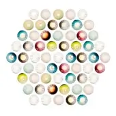 Iridescent contact lenses arranged in a heart shape, displaying blue, green, purple, and brown swirling colors with dark rims.