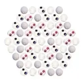 Sixty-one googly eyes in a triangular arrangement, white plastic with silver rims and black, red, purple pupils on a white background.
