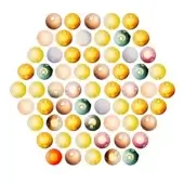 Translucent spheres in yellow, orange, and brown hues form a heart-shaped composition against a white backdrop, displaying internal swirls.