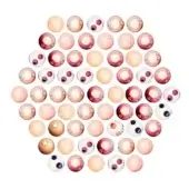 Glass spheres in circular arrangement, translucent yellow to burgundy gradients, internal dark inclusions, smooth reflective surfaces, white background.