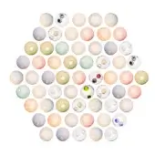Spherical droplet composition, translucent white, pale pink, yellow, and blue hues, arranged in a circular pattern with internal reflections.
