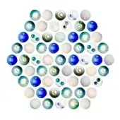 Translucent spheres in blue, teal, and white arranged circularly against white; layered orbs with yellow cores, smooth reflective surfaces, diffused lighting.