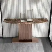 Distinguished DV Home Collection Windsor console with brown marble-like finish and light-dark brown slatted base crafted in Italy