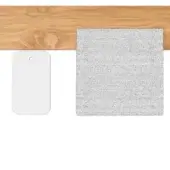 Wood sample, gray tweed fabric, and white tag against white background; rectangular forms with visible grain, texture, and rounded corner.