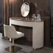 Refined DV Home Collection Charlotte vanity with cream leather and beechwood plywood, showcasing hexagon quilted finish with glossy lacquered marble