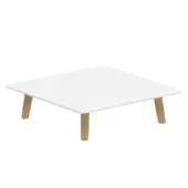 White square surface with rounded corners supported by four tapered light brown cylindrical legs on a white background