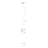 Pendant light, metal wire, spherical shade with looped cage structure suspended from square ceiling mount with curved cable.