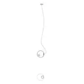 Minimalist pendant light, black line drawing, rectangular mount with dual circular shades connected by curved wires, technical illustration.
