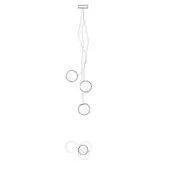 Chandelier line drawing, metal wire, three spherical pendants and two circular forms with concentric circle patterns, minimalist design.