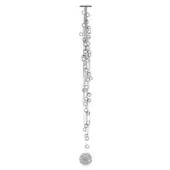 Chandelier, polished silver metal, vertical arrangement of varying-sized circular rings suspended from a central rod, minimalist design.