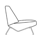 Mid-century chair line drawing, metal frame, angled backrest, curved seat, tapered legs, minimalist design, white background.