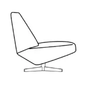 Swivel chair line drawing, black on white, angular backrest and seat, circular base, minimalist design, geometric form, sans-serif label.