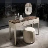 Distinguished DV Home Collection Elite vanity with brown and beige marble-patterned tabletop and glossy lacquer finish