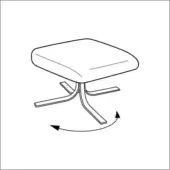 Swivel footstool, neutral fabric upholstery, square top with curved seams, chrome metal legs, rotating base with directional arrows.