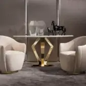 Distinguished DV Home Collection Deco console with stainless steel base and refined marble top showcasing geometric gold finish