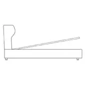 Platform bed line drawing, wood tone, rounded headboard and slatted base with square feet, minimalist schematic design.