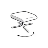 Bi-tone swivel footstool, upholstered top, chrome legs, square shape, two-tone color, white background, arrow indicates rotation.