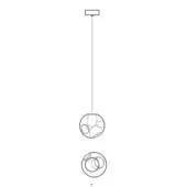 Pendant light, dark metal, three spherical shades suspended from square mount with wireframe and concentric circle detailing.