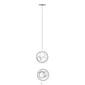 Pendant light fixture, dark metal, two-sphere design with wireframe detailing and rectangular ceiling mount, model 38.1v.