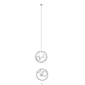 Pendant light fixture, steel wireframe, two spherical shades suspended from a vertical rod, minimalist modern design, white background.