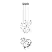 Chandelier line drawing, black and white, featuring five spherical wireframe shades suspended from a rectangular mounting plate in two tiers.
