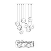 Chandelier line drawing, metal frame, cascading spherical fixtures, asymmetrical arrangement, technical diagram detailing circular designs.