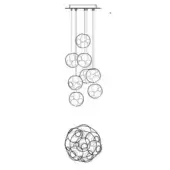 Chandelier, dark metal, cascading spherical forms with circular cutouts suspended from a rectangular ceiling mount, detailed exploded view included.