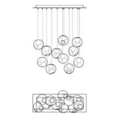 Chandelier technical drawing, steel cables, spherical wireframe fixtures in staggered arrangement, rectangular canopy, minimalist design, schematic view.