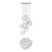 Chandelier, dark metal, multi-tiered design with spherical openwork frames suspended from a rectangular ceiling mount via thin cables.