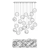Chandelier technical drawing, silver metal, cascading tiers of spherical pendants with honeycomb patterned surfaces and rectangular mounting plate.